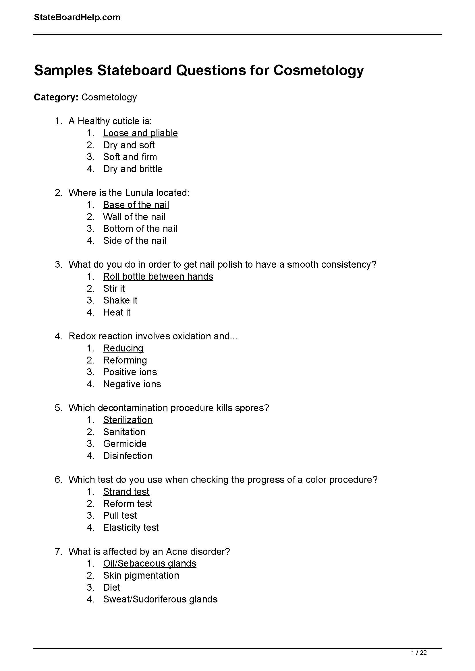 Cosmetology State Board Exam answers