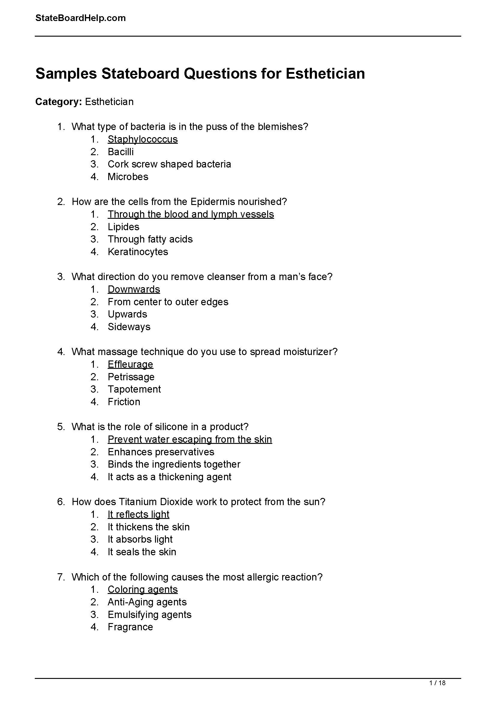 Esthetician State Board Exam answers